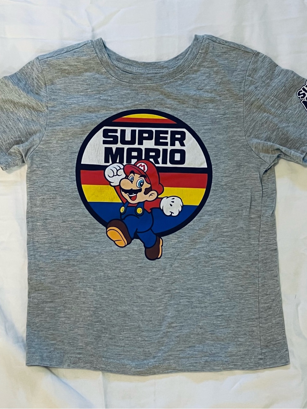 Nintendo Super Mario Gray Tee with Red Blue Yellow Graphic